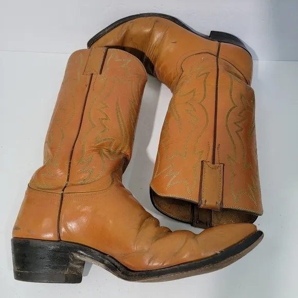 Justin Men's Tan Leather Western Boots Sz 8.5D Pull-On Block Heel Cowboy Rodeo