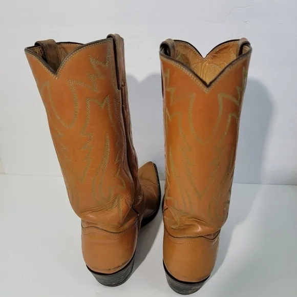 Justin Men's Tan Leather Western Boots Sz 8.5D Pull-On Block Heel Cowboy Rodeo