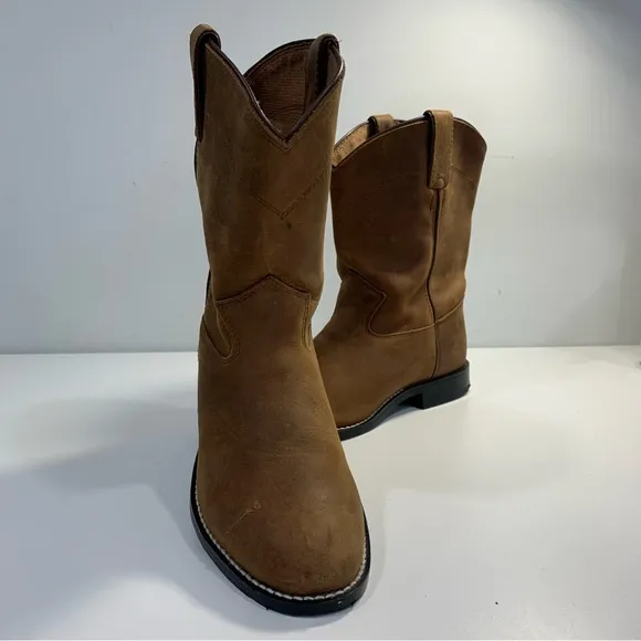 Justin Roper Cowboy Western Pull On Boots 3410Y Brown Leather Youth Kids Size 4D