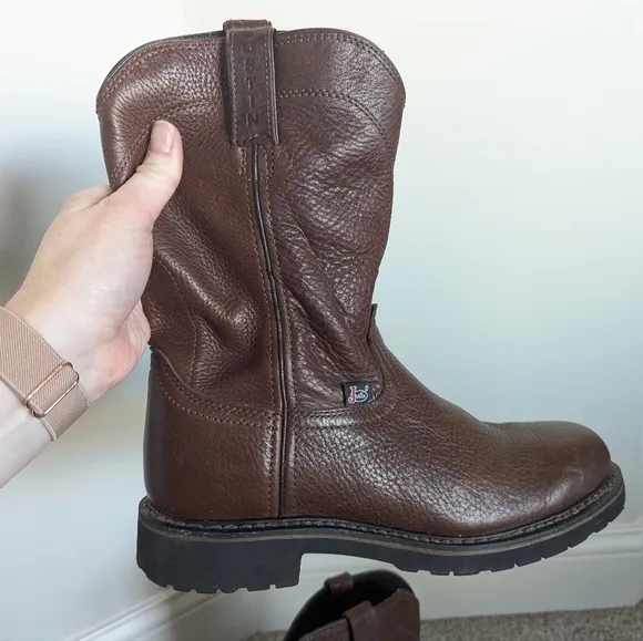 Justin Work Boots Brown Leather Pull On Wk4920 sz 8.5 EE