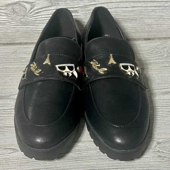 KARL LAGERFELD Loafers Black Indie Black Embellished Charm Pins Womens Sz 10 New