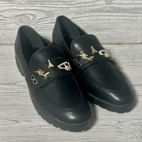 KARL LAGERFELD Loafers Black Indie Black Embellished Charm Pins Womens Sz 10 New