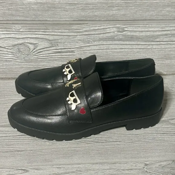 KARL LAGERFELD Loafers Black Indie Black Embellished Charm Pins Womens Sz 10 New