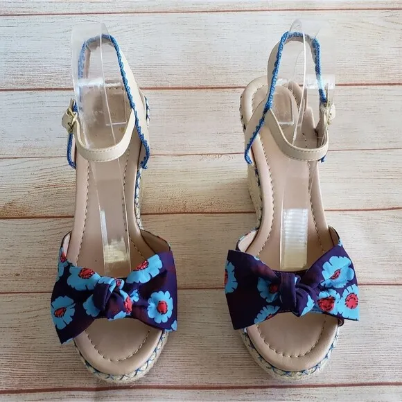 Kate Spade Espadrille Wedge Ankle Strap Sandals with Floral Print Bows
