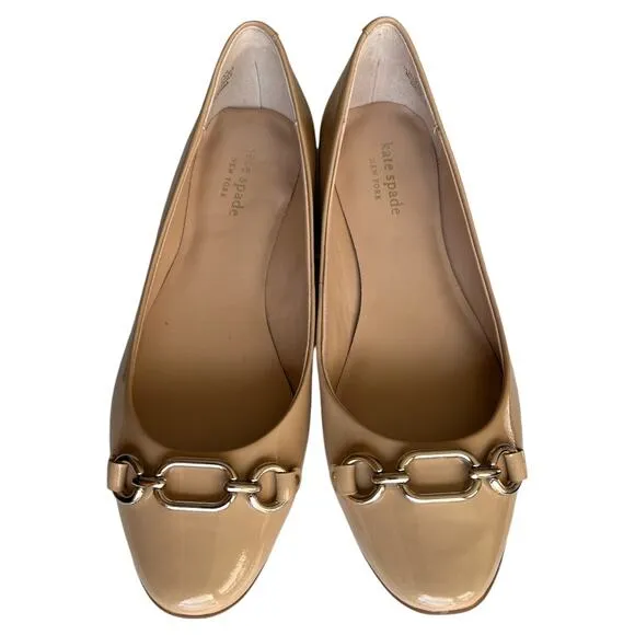 KATE SPADE NEW YORK Beige Gold Toned Pauly Slip On Leather Ballet Flats, US8