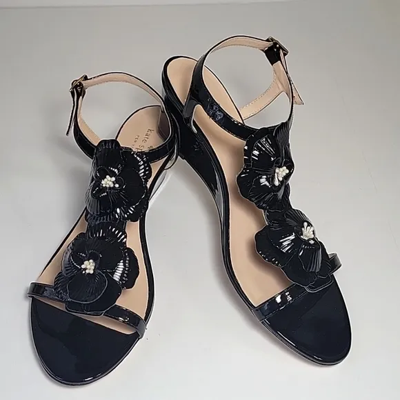 Kate Spade New York Daria open toe floral black leather wedge sandal women's 11