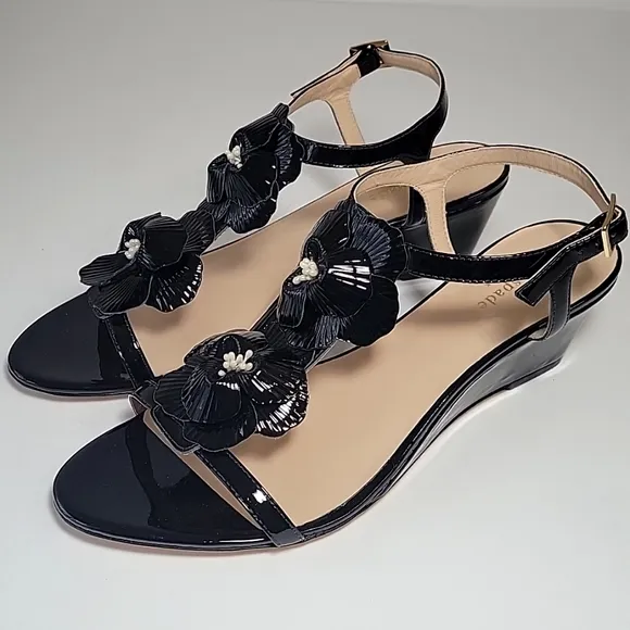 Kate Spade New York Daria open toe floral black leather wedge sandal women's 11