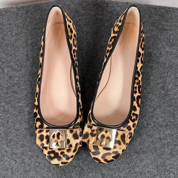 Kate Spade New York Maline Bow Leopard Print Flats 7.5 calf hair gold