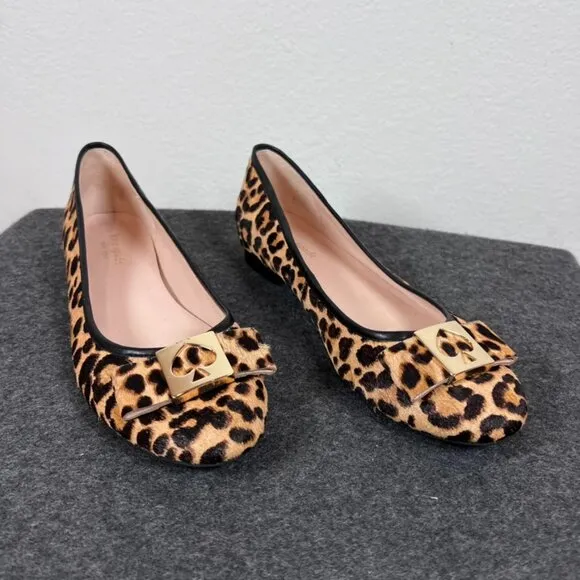 Kate Spade New York Maline Bow Leopard Print Flats 7.5 calf hair gold