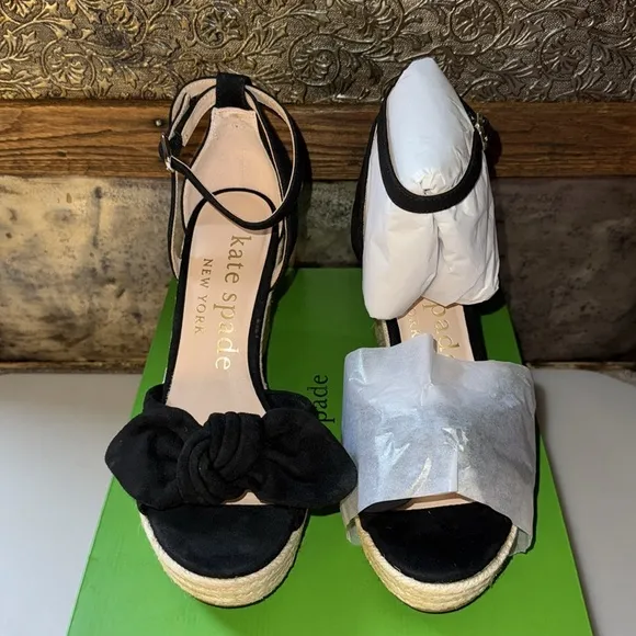 Kate Spade New York NIB Tianna Black Suede Platform Wedge Espadrille in Size 6.5