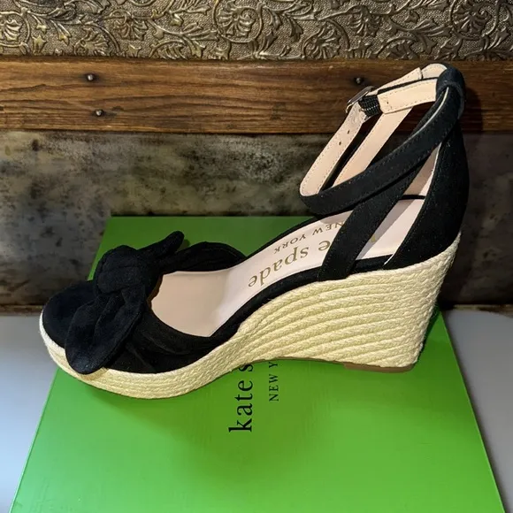 Kate Spade New York NIB Tianna Black Suede Platform Wedge Espadrille in Size 6.5