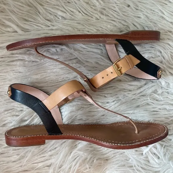 Kate Spade New York Sky Luggage/Natural/Black Leather T-Strap Buckle Sandals 9