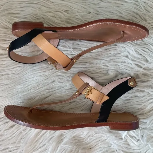 Kate Spade New York Sky Luggage/Natural/Black Leather T-Strap Buckle Sandals 9