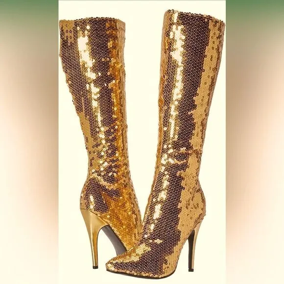 KneeHigh All Over Sequin Heeled Gold Boots