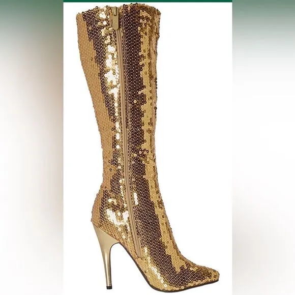 KneeHigh All Over Sequin Heeled Gold Boots