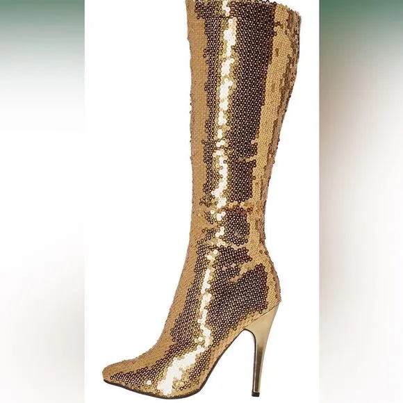 KneeHigh All Over Sequin Heeled Gold Boots