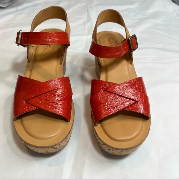 Kork-Ease Ava Chloe Myrna red tan leather wedge sandals size 38 US 7