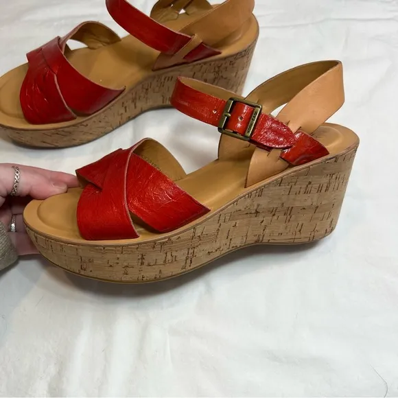 Kork-Ease Ava Chloe Myrna red tan leather wedge sandals size 38 US 7