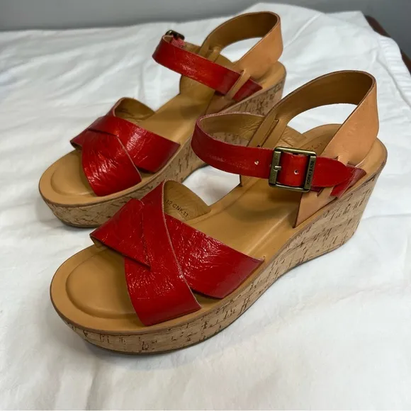 Kork-Ease Ava Chloe Myrna red tan leather wedge sandals size 38 US 7