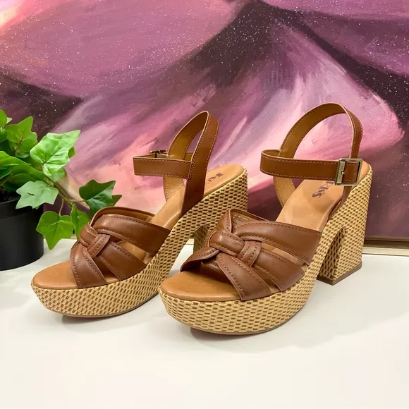Korks by Kork-Ease Dee Sandals Strappy Wedge Heel Platforms Cognac Brown Size 10