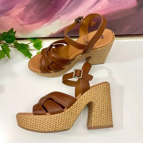 Korks by Kork-Ease Dee Sandals Strappy Wedge Heel Platforms Cognac Brown Size 10