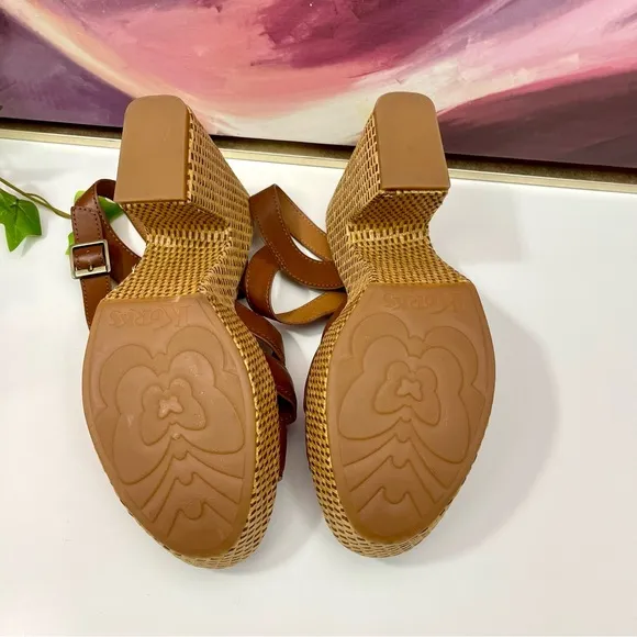 Korks by Kork-Ease Dee Sandals Strappy Wedge Heel Platforms Cognac Brown Size 10