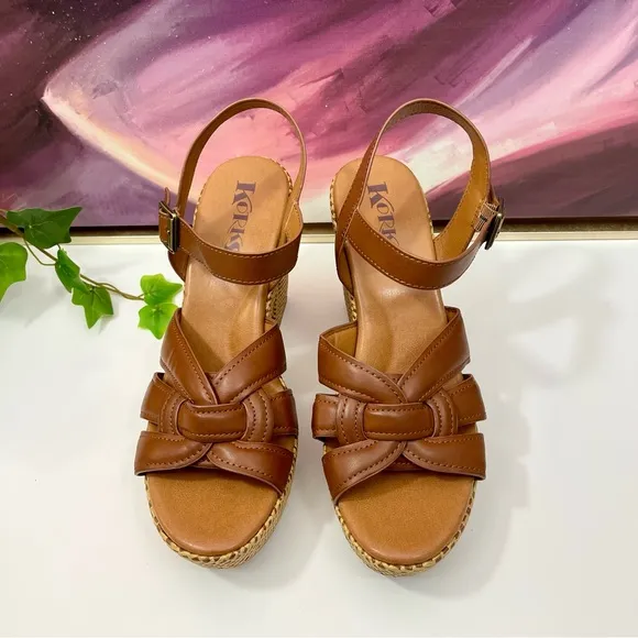 Korks by Kork-Ease Dee Sandals Strappy Wedge Heel Platforms Cognac Brown Size 10