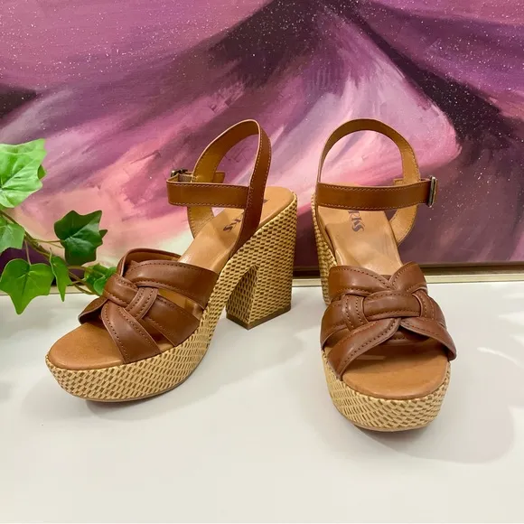 Korks by Kork-Ease Dee Sandals Strappy Wedge Heel Platforms Cognac Brown Size 10