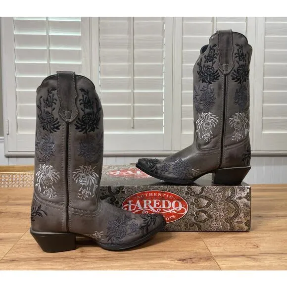 Laredo Women's Sylvan Embellished Western Boots Gray Leather Size 8.5 NIB Cowboy