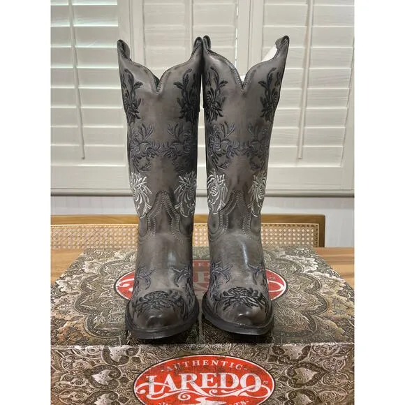 Laredo Women's Sylvan Embellished Western Boots Gray Leather Size 8.5 NIB Cowboy