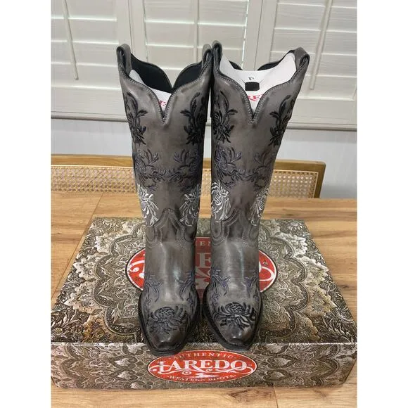 Laredo Women's Sylvan Embellished Western Boots Gray Leather Size 8.5 NIB Cowboy