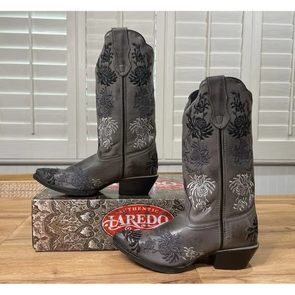 Laredo Women's Sylvan Embellished Western Boots Gray Leather Size 8.5 NIB Cowboy