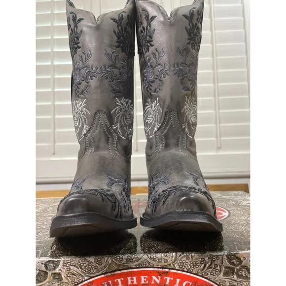 Laredo Women's Sylvan Embellished Western Boots Gray Leather Size 8.5 NIB Cowboy