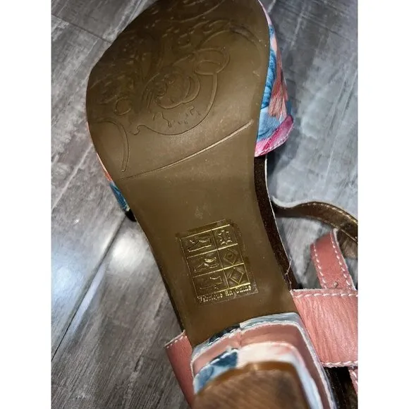 L'Artiste Spring Step Tan Multi Floral Leather Heeled Sandals Leilanie Size 9.5