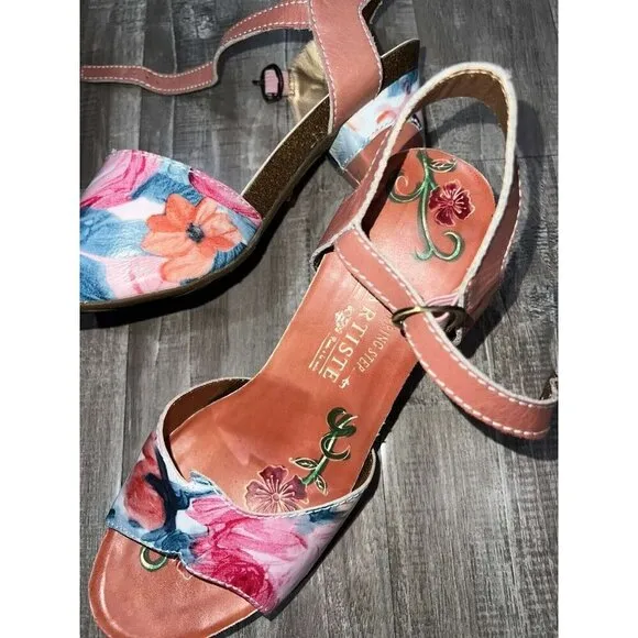 L'Artiste Spring Step Tan Multi Floral Leather Heeled Sandals Leilanie Size 9.5