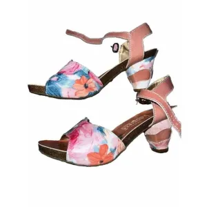 L'Artiste Spring Step Tan Multi Floral Leather Heeled Sandals Leilanie Size 9.5