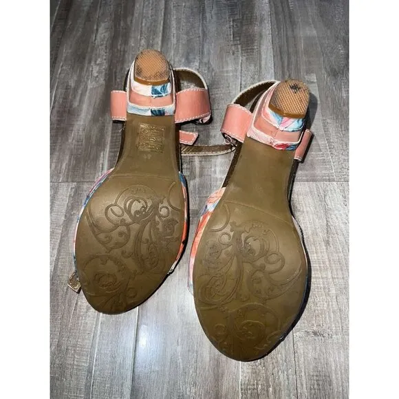 L'Artiste Spring Step Tan Multi Floral Leather Heeled Sandals Leilanie Size 9.5