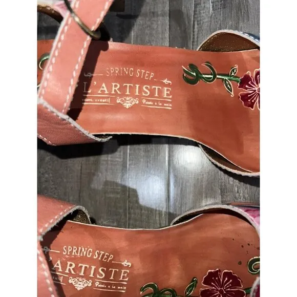 L'Artiste Spring Step Tan Multi Floral Leather Heeled Sandals Leilanie Size 9.5