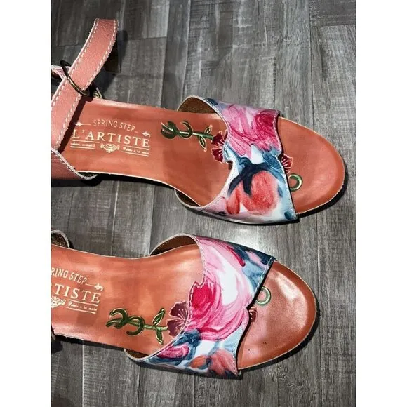 L'Artiste Spring Step Tan Multi Floral Leather Heeled Sandals Leilanie Size 9.5