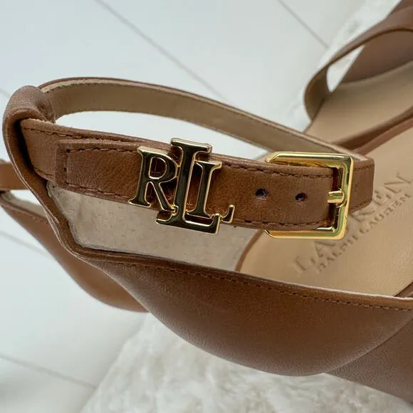 LAUREN RALPH LAUREN LOGAN HEELED SANDALS IN DEEP SADDLE TAN NWOB SIZE 7.5B