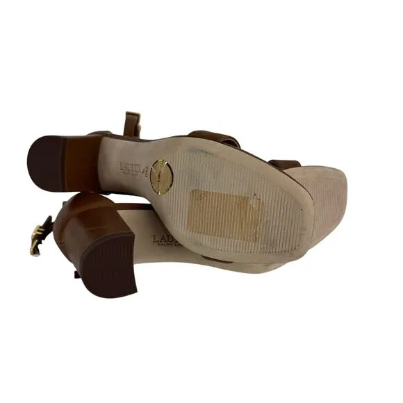 LAUREN RALPH LAUREN LOGAN HEELED SANDALS IN DEEP SADDLE TAN NWOB SIZE 7.5B