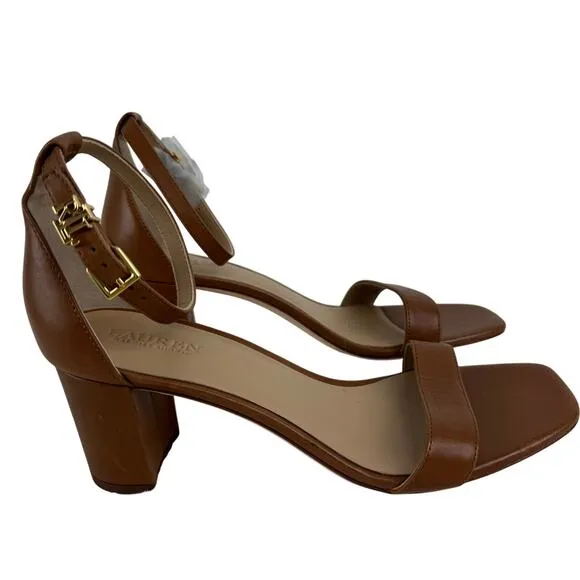 LAUREN RALPH LAUREN LOGAN HEELED SANDALS IN DEEP SADDLE TAN NWOB SIZE 7.5B