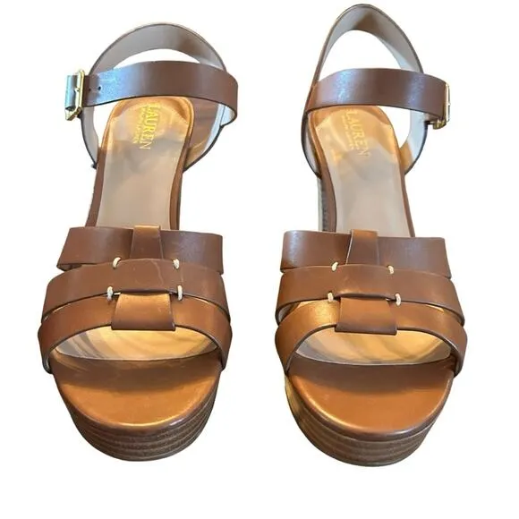 Lauren Ralph Lauren Soffia Leather Platform Sandals Polo Tan NEW Size 10