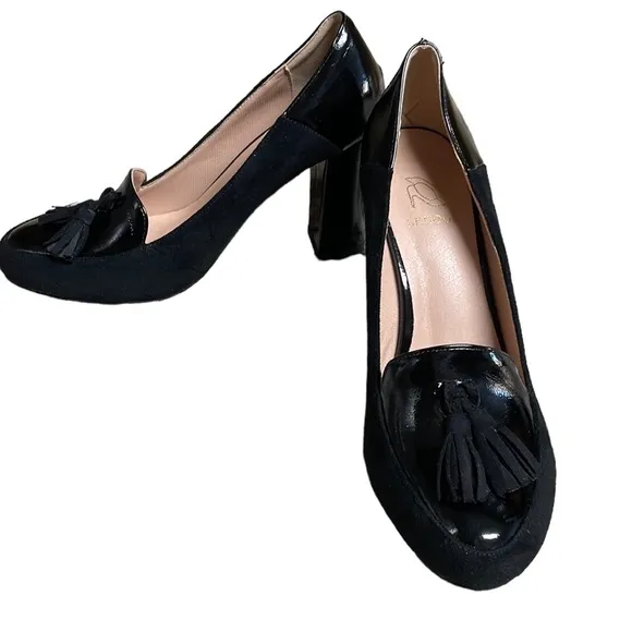 LEHOOR  Chunky Suede/Patent Leather Block Heel Fringed Pumps  Size 8.5