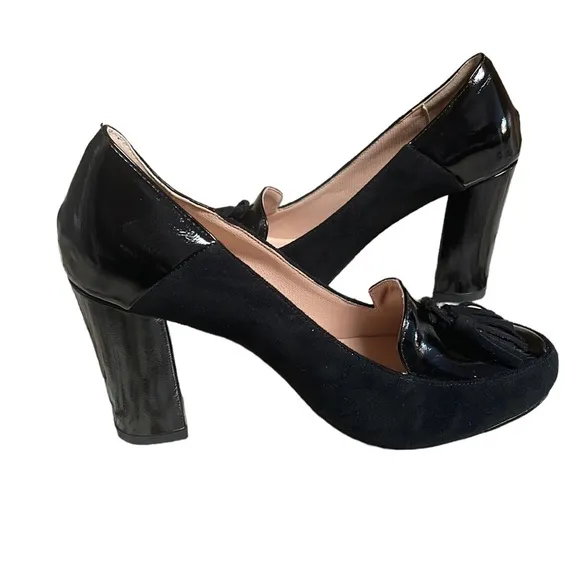 LEHOOR  Chunky Suede/Patent Leather Block Heel Fringed Pumps  Size 8.5