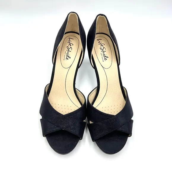 LifeStride Womens Mykonos Black Sparkle D'Orsay Open Toe Heels Pumps Shoes 9 M
