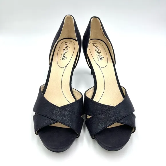 LifeStride Womens Mykonos Black Sparkle D'Orsay Open Toe Heels Pumps Shoes 9 M