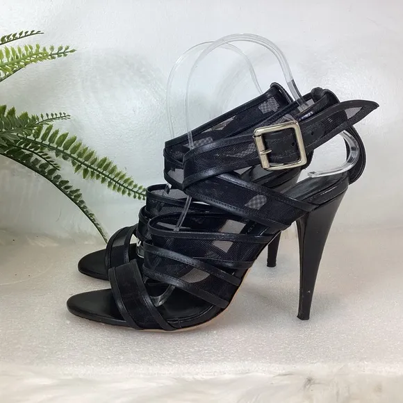LOEFFLER RANDALL ITALY PAIGE LEATHER MESH CRISSCROSS STRAP STILETTO SANDALS 7.5