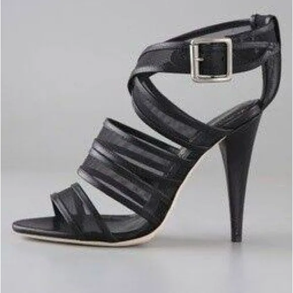 LOEFFLER RANDALL ITALY PAIGE LEATHER MESH CRISSCROSS STRAP STILETTO SANDALS 7.5
