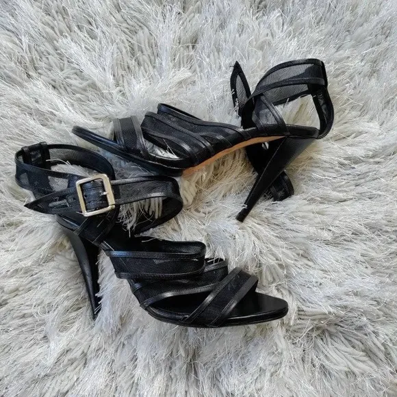 LOEFFLER RANDALL ITALY PAIGE LEATHER MESH CRISSCROSS STRAP STILETTO SANDALS 7.5